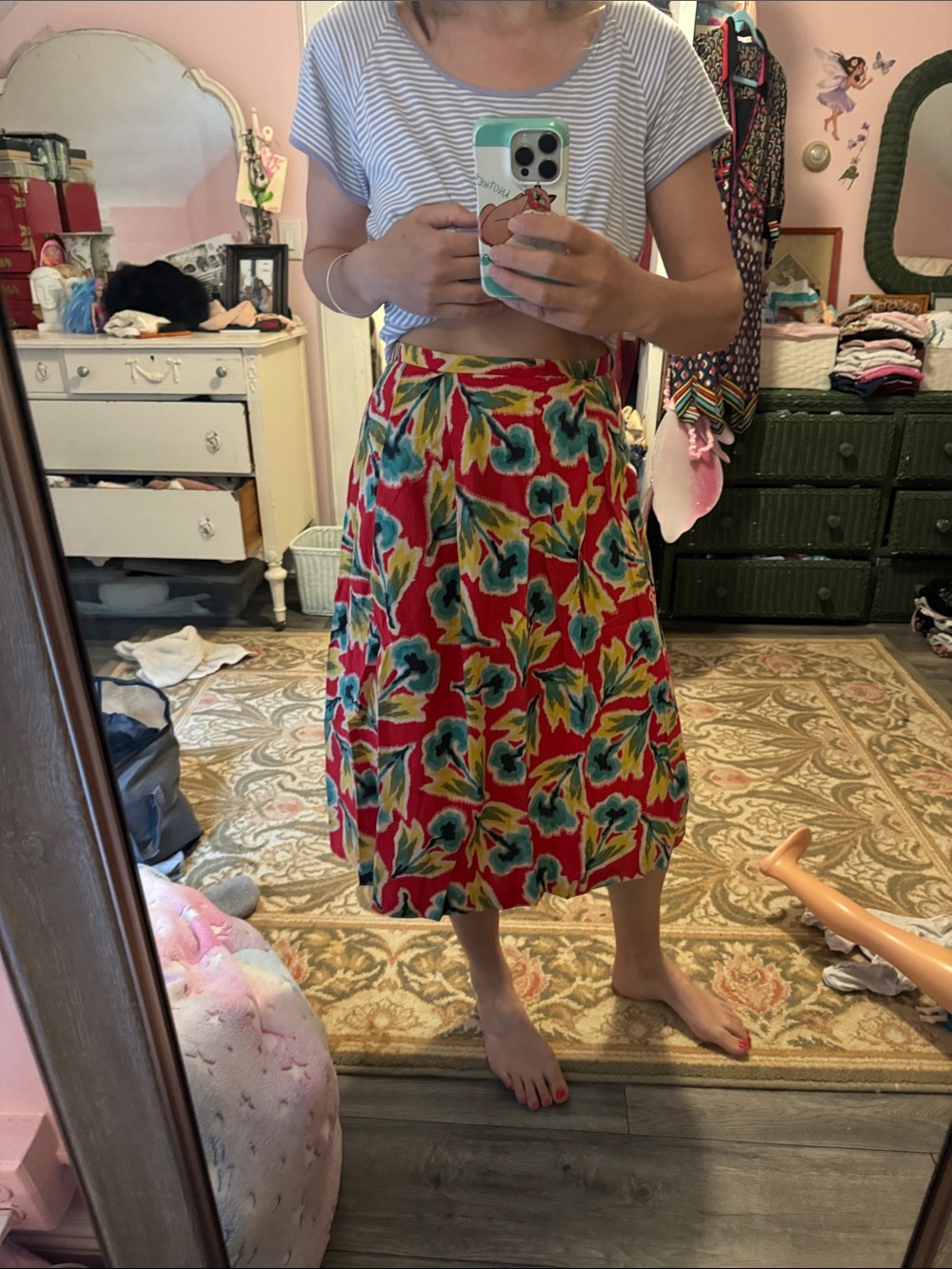 JANET RUSSO Nantucket New York - Red Floral A-Line Midi Skirt size 4